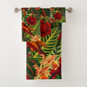 Antique Tropical Parrots Jungle Pattern Bath Towel Set