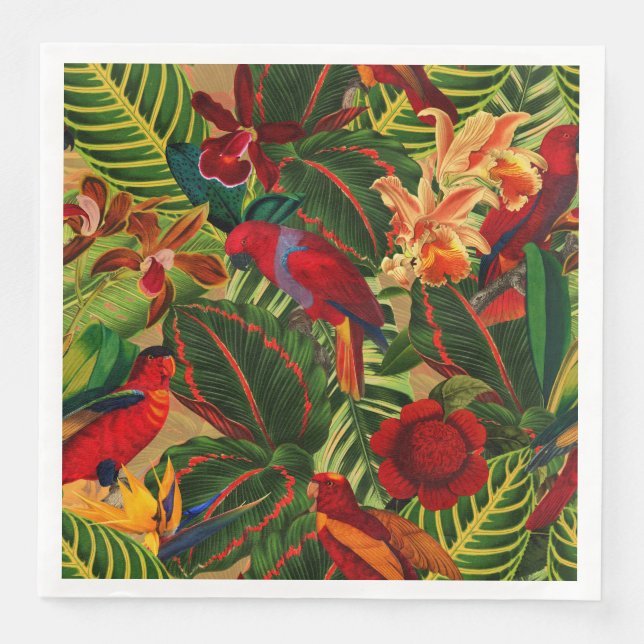 Antique Tropical Parrots Jungle Pattern Napkin (Front)