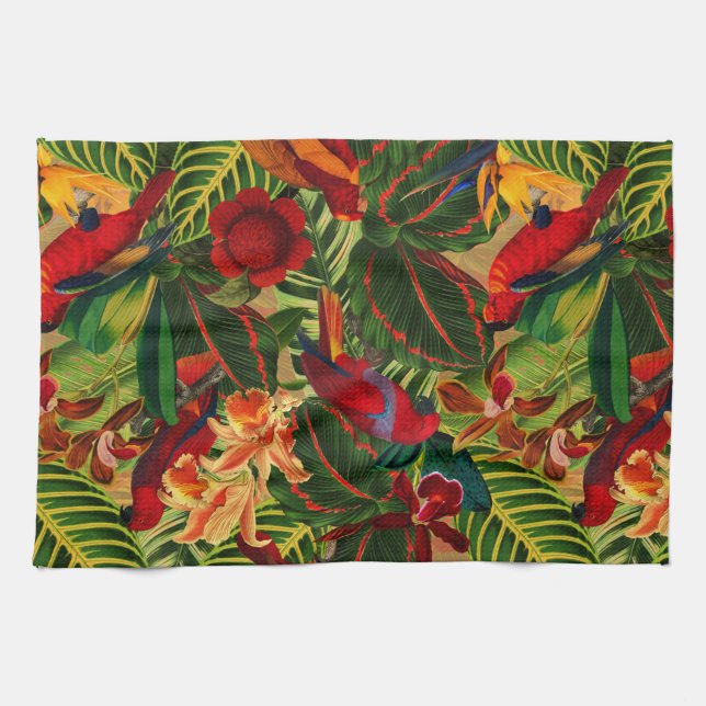 Antique Tropical Parrots Jungle Pattern Tea Towel (Horizontal)