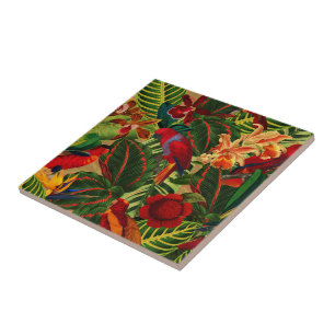 Antique Tropical Parrots Jungle Pattern Tile