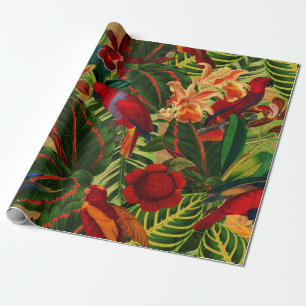 Antique Tropical Parrots Jungle Pattern Wrapping Paper