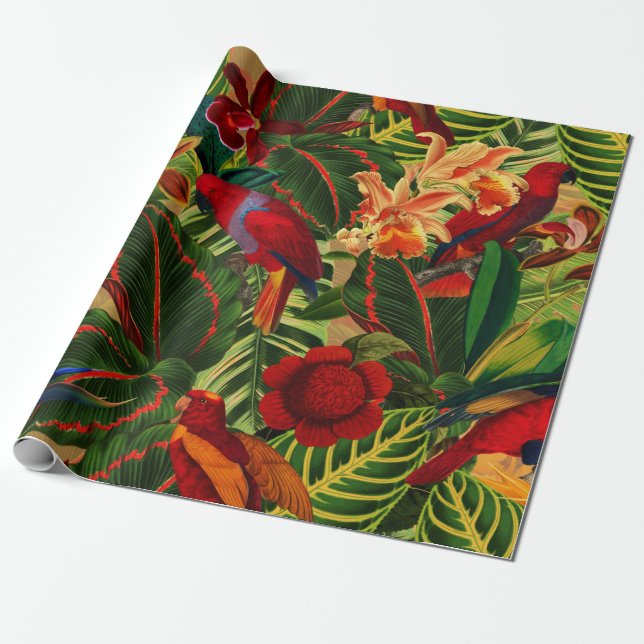 Antique Tropical Parrots Jungle Pattern Wrapping Paper (Unrolled)
