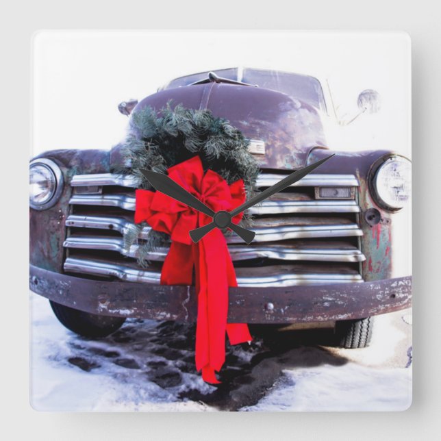 Antique Truck with Festive Christmas Wreath Square Wall Clock (Front)