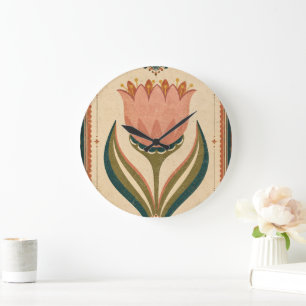 Antique Tulip Folk Art Illustration Vintage Style Large Clock