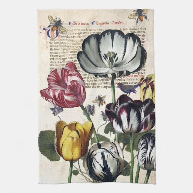 Antique Tulips Kitchen Tea Towel (Vertical)