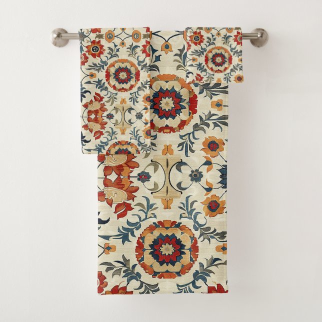 Antique Turkish Oriental Red Gold Kilim Floral Rug Bath Towel Set (Insitu)