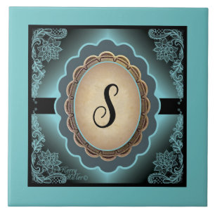 Antique Turquoise Lace Monogram Ceramic Tile