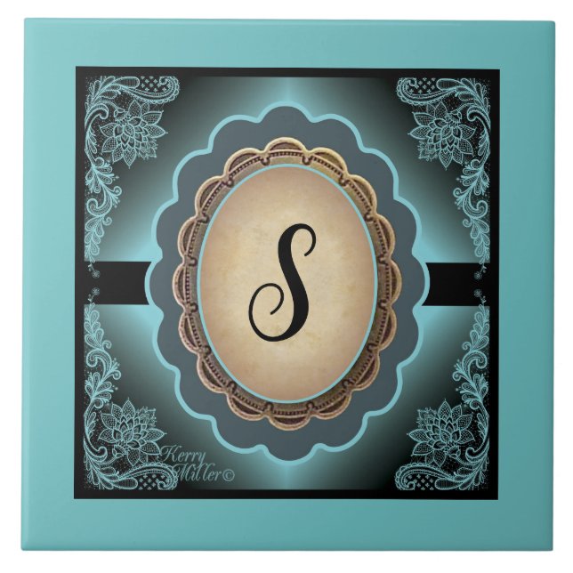 Antique Turquoise Lace Monogram Ceramic Tile (Front)