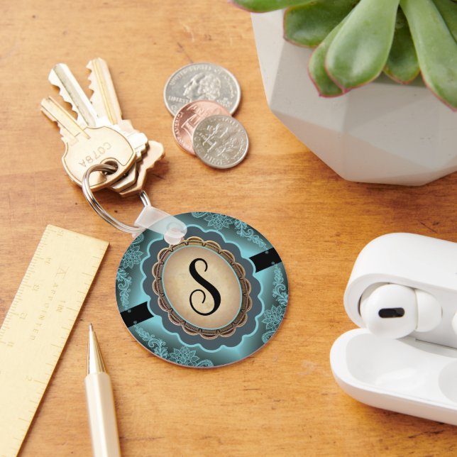 Antique Turquoise Lace Monogram Keychain (Desk)