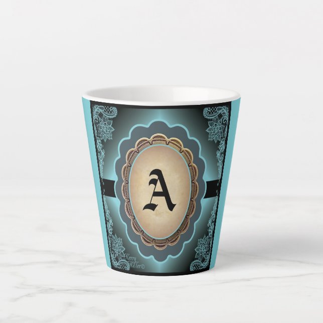 Antique Turquoise Lace Monogram Latte Mug (Front)