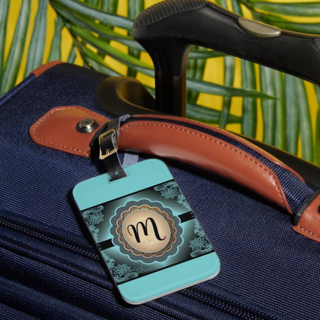 Antique Turquoise Lace Monogram  Luggage Tag (Front Insitu 1)