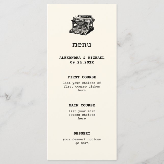 Antique Typewriter Wedding Menu (Front)