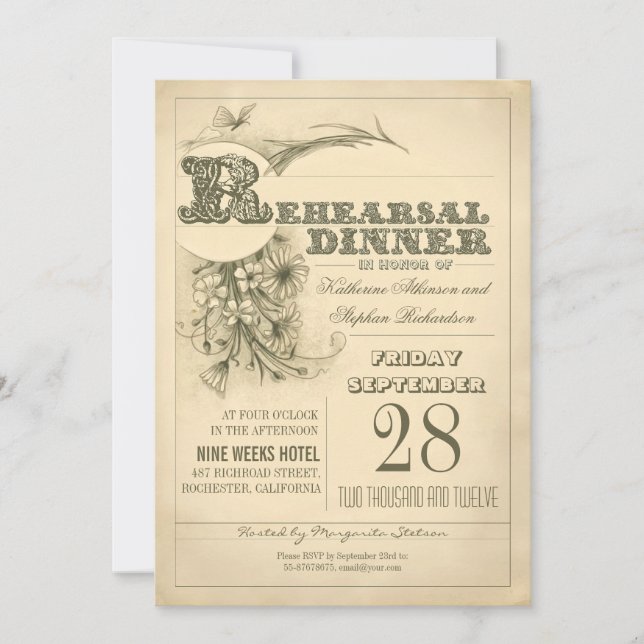 antique typography rehearsal dinner invitations (Front)