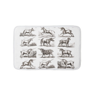Antique Unicorn Engraving Vintage Zoology Specimen Bath Mat