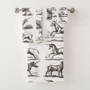 Antique Unicorn Engraving Vintage Zoology Specimen Bath Towel Set
