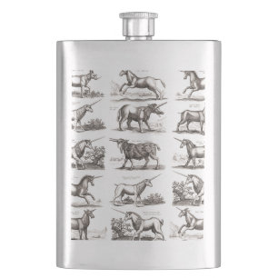 Antique Unicorn Engraving Vintage Zoology Specimen Hip Flask