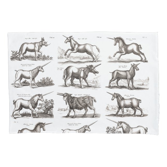 Antique Unicorn Engraving Vintage Zoology Specimen Pillowcase (Front)