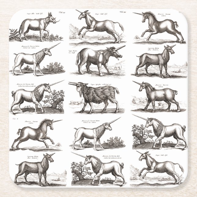Antique Unicorn Engraving Vintage Zoology Specimen Square Paper Coaster (Front)