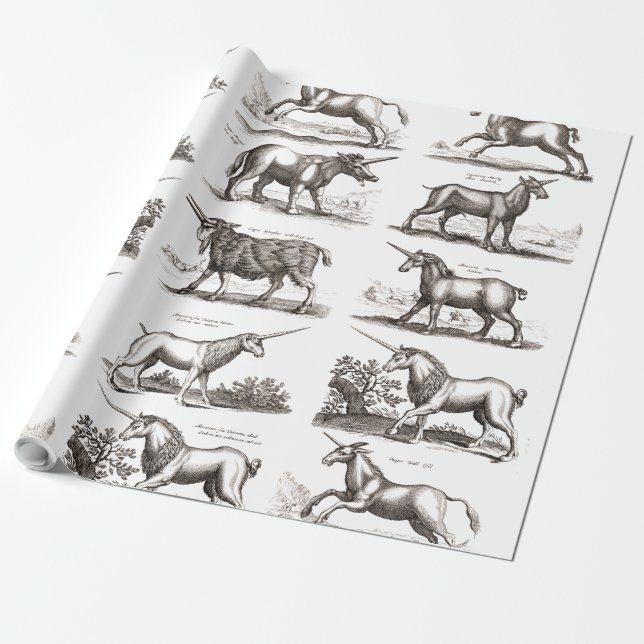 Antique Unicorn Engraving Vintage Zoology Specimen Wrapping Paper (Unrolled)