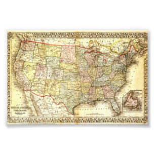 Antique United States Vintage Map Illustration Photo Print