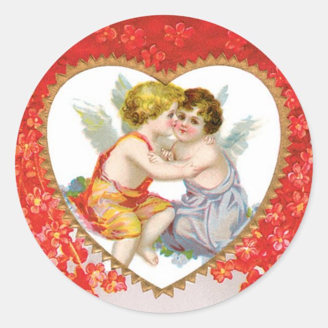 Antique Valentine Angel(Cupid) Heart Classic Round Sticker (Front)