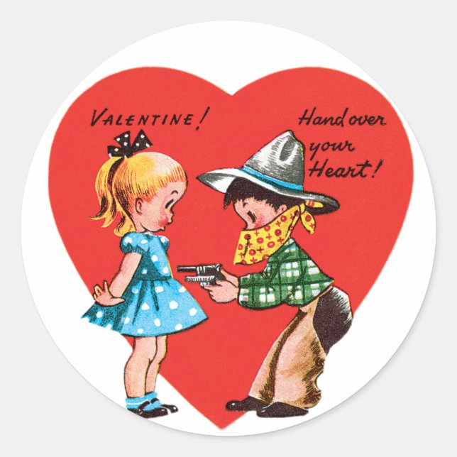 Antique Valentine Boy & Girl Heart Classic Round Sticker (Front)