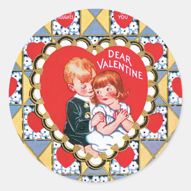 Antique Valentine Couple Heart Classic Round Sticker (Front)