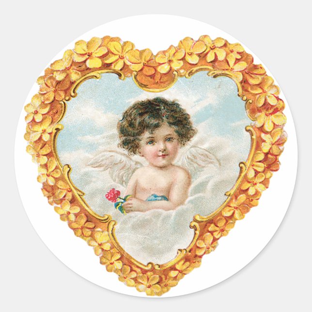 Antique Valentine Cupid Heart Classic Round Sticker (Front)