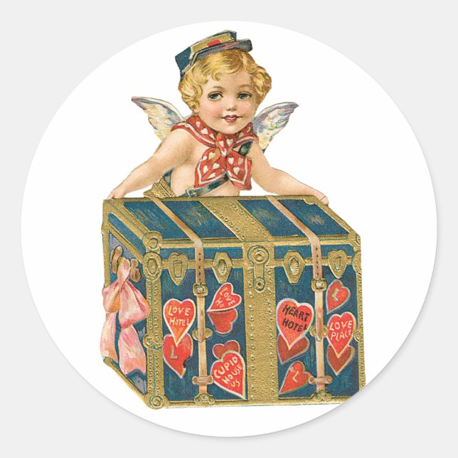 Antique Valentine Cupid Heart Classic Round Sticker (Front)