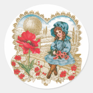 Antique Valentine Girl Flower Classic Round Sticker