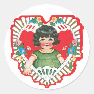 Antique Valentine Girl Heart Classic Round Sticker
