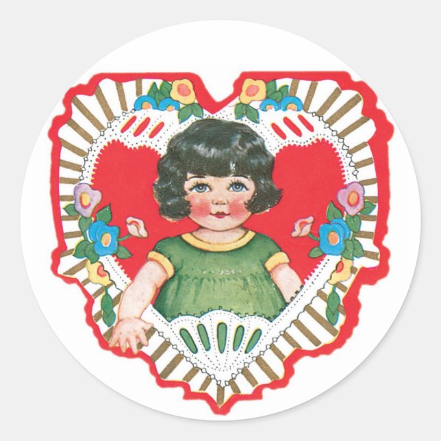 Antique Valentine Girl Heart Classic Round Sticker (Front)