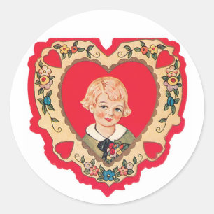 Antique Valentine Girl Heart Classic Round Sticker