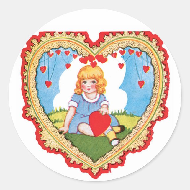 Antique Valentine Girl Heart Classic Round Sticker (Front)