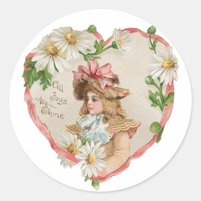Antique Valentine Girl Heart Classic Round Sticker (Front)
