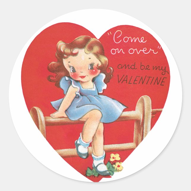 Antique Valentine Girl Heart Classic Round Sticker (Front)