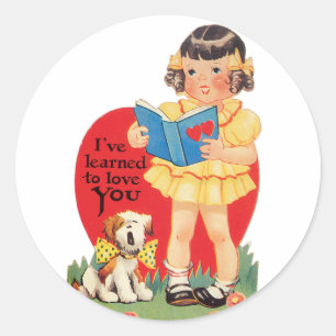 Antique Valentine Girl with Puppy Classic Round Sticker
