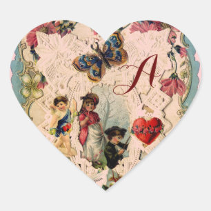 ANTIQUE VALENTINE LACE,CUPID,LOVERS AND BUTTERFLY HEART STICKER