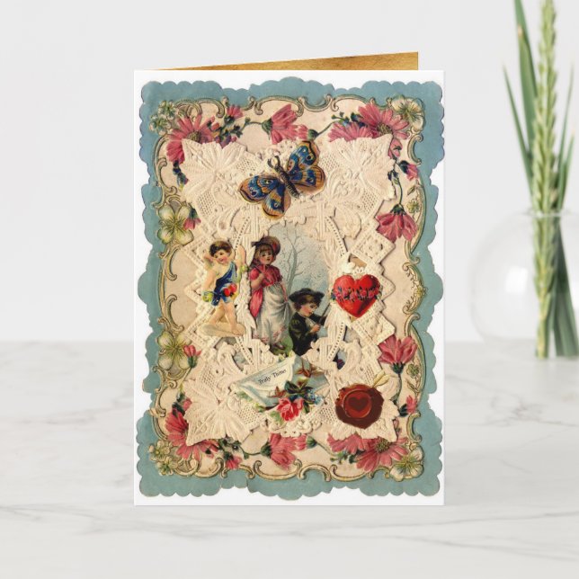 ANTIQUE VALENTINE LACE,CUPID,LOVERS AND BUTTERFLY HOLIDAY CARD (Front)