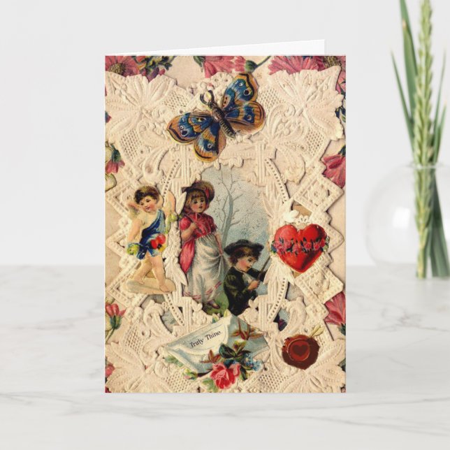 ANTIQUE VALENTINE LACE,CUPID,LOVERS AND BUTTERFLY HOLIDAY CARD (Front)