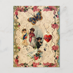 ANTIQUE VALENTINE LACE,CUPID,LOVERS AND BUTTERFLY HOLIDAY POSTCARD