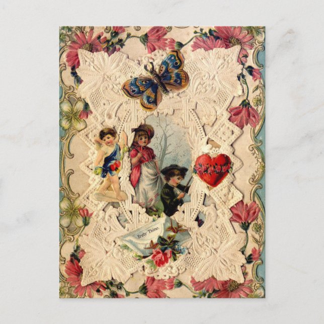 ANTIQUE VALENTINE LACE,CUPID,LOVERS AND BUTTERFLY HOLIDAY POSTCARD (Front)