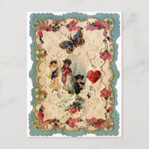 ANTIQUE VALENTINE LACE,CUPID,LOVERS AND BUTTERFLY HOLIDAY POSTCARD