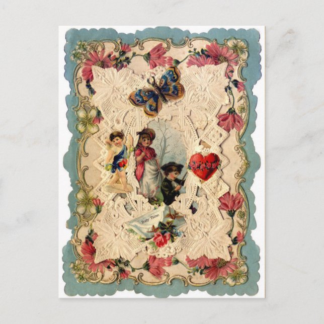 ANTIQUE VALENTINE LACE,CUPID,LOVERS AND BUTTERFLY HOLIDAY POSTCARD (Front)