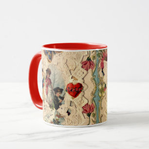 ANTIQUE VALENTINE LACE,CUPID,LOVERS AND BUTTERFLY MUG