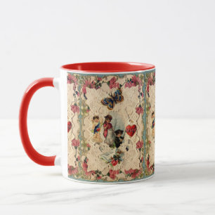 ANTIQUE VALENTINE LACE,CUPID,LOVERS AND BUTTERFLY MUG