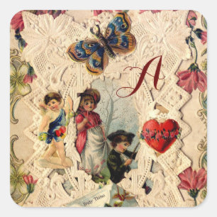ANTIQUE VALENTINE LACE,CUPID,LOVERS AND BUTTERFLY SQUARE STICKER
