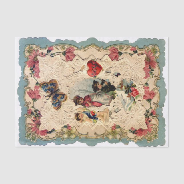 ANTIQUE VALENTINE LACE,CUPID,LOVERS AND BUTTERFLY TISSUE PAPER (Front)
