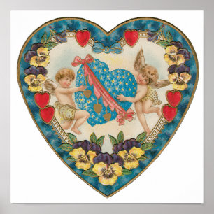 Antique Valentine's Day, Vintage Angels in a Heart Poster
