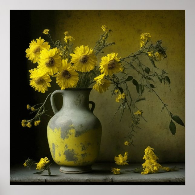 Antique Vase of Yellow Flowers Poster (Front)